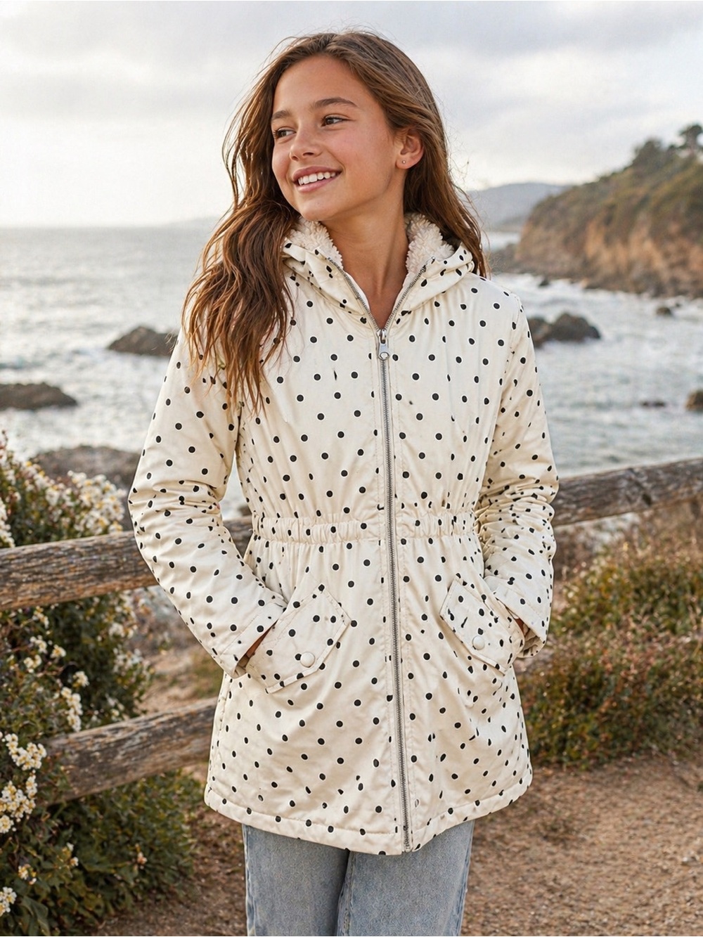 C&C California Girls Polka Dot Hooded Rain Jacket Faux Fur Lined Size 12
